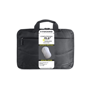 TUCANO BORSA + MOUSE WIRELESS (BORSA SLIM PER NOTEBOOK DA 15,6", TRACOLLA COLORE NERO + MOUSE WIRELESS COLORE BIANCO)