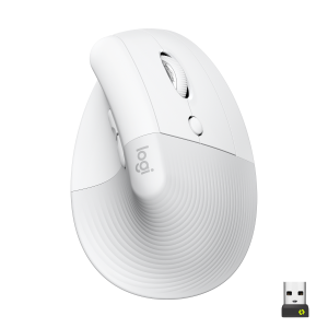 Logitech Lift Vertical Ergonomic Mouse - Mouse verticale - ergonomico - ottica - 6 pulsanti - senza fili - Bluetooth, 2.4 GHz - ricevitore USB Logitech Logi Bolt - Off-White