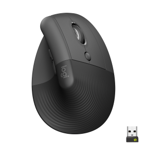 Logitech Lift Vertical Ergonomic Mouse - Mouse verticale - ergonomico - ottica - 6 pulsanti - senza fili - Bluetooth, 2.4 GHz - ricevitore USB Logitech Logi Bolt - grafite