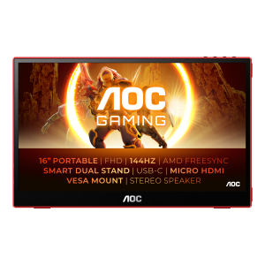 AOC Gaming 16G3 - Monitor a LED - 15.6" - portatile - 1920 x 1080 Full HD (1080p) @ 144 Hz - IPS - 250 cd/m² - 1000:1 - 4 ms - HDMI, Micro HDMI, USB-C - altoparlanti - nero, rosso